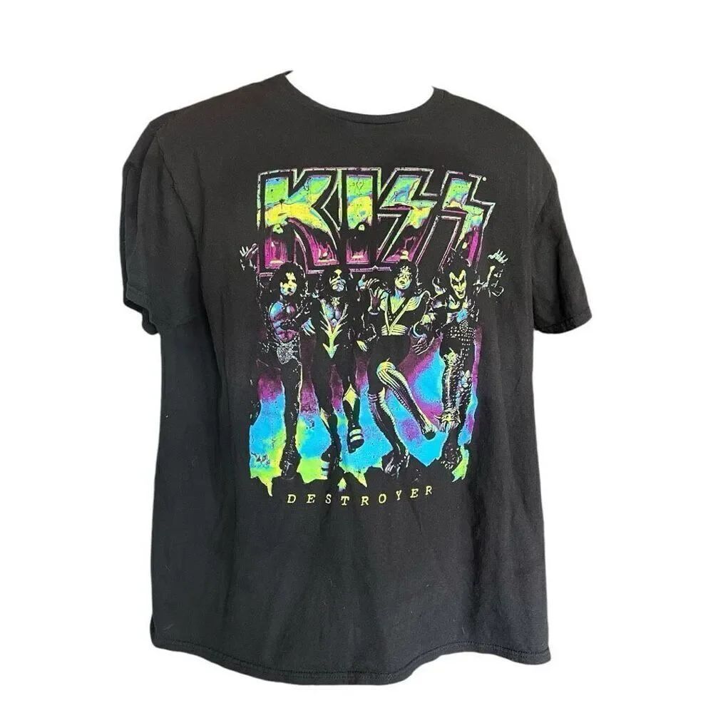 Unisex Kiss Destroyer Album Neon Fluorescent Black Cotton Concert Tee Shirt L